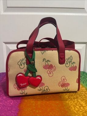 NEW Juicy Couture Beige Cherry-Print Satchel with Red Trim